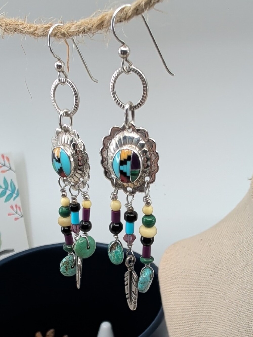 Vintage Masha 925 Sterling Inlay Concho Dreamcatcher Earrings - Picture 4 of 17